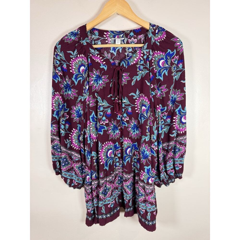 Cato Womens Plus Size Peasant Blouse Floral Floral Boho 26/28 W Tassel Pink